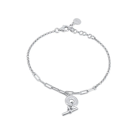925 Sterling Silver Rhodium Plated Rolo Donut Bar Adjustable Bracelet