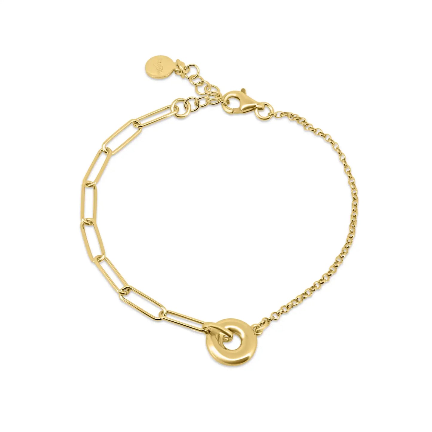 925 Sterling Silver Gold Plated Rolo Paperclip Donut Adjustable Bracelet