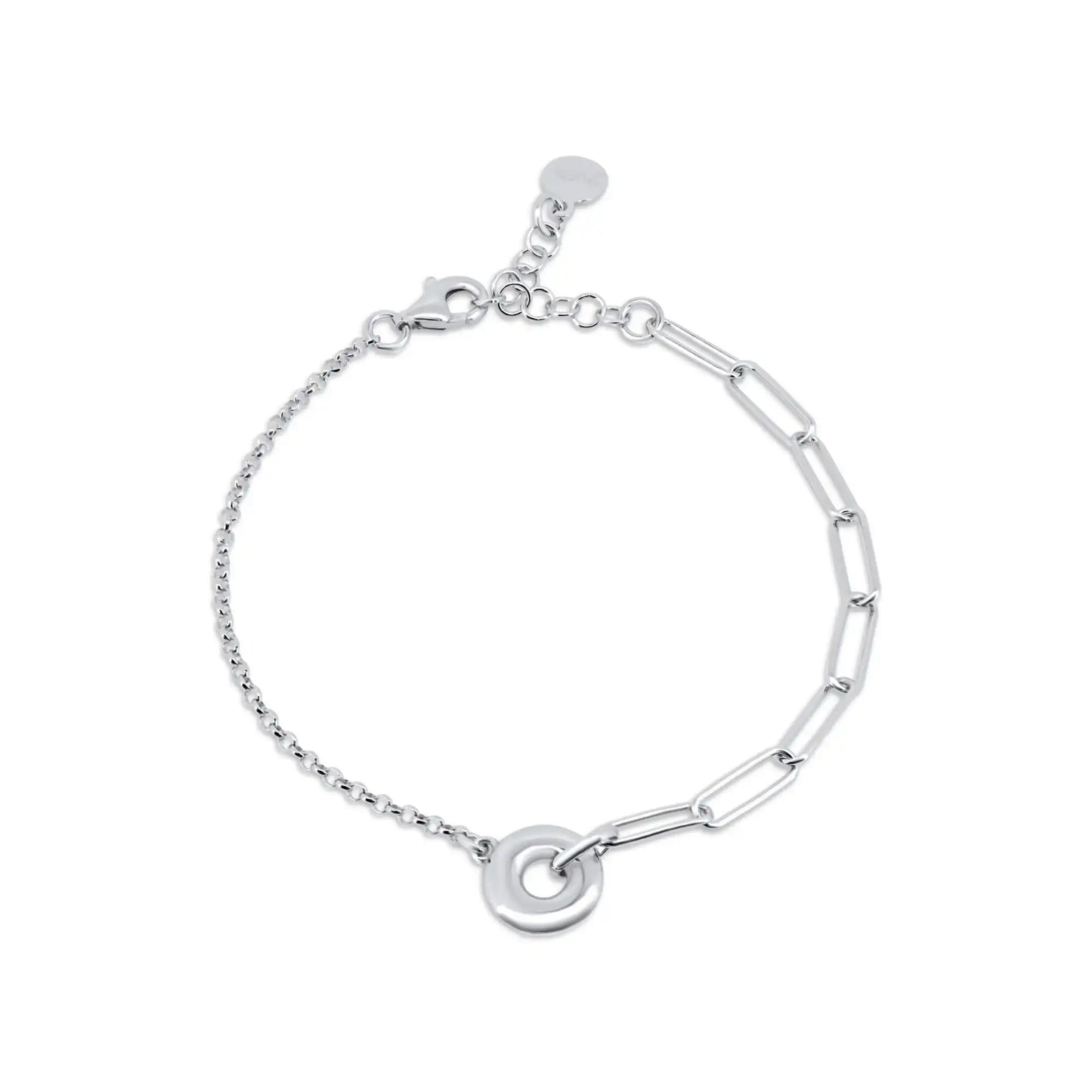 925 Sterling Silver Rhodium Plated Rolo Paperclip Donut Adjustable Bracelet