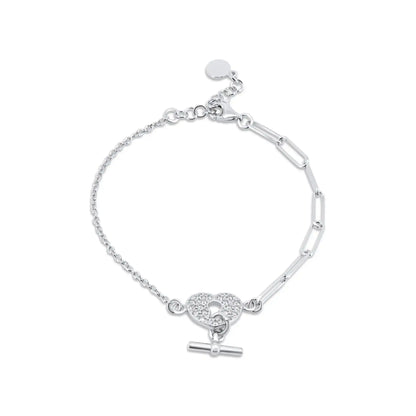 925 Sterling Silver Rhodium Plated Paperclip Clear CZ Heart Lock Bar Adjustable Bracelet