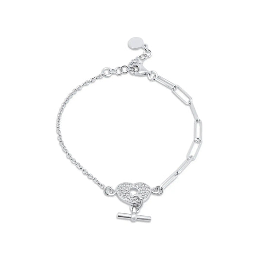 925 Sterling Silver Rhodium Plated Paperclip Clear CZ Heart Lock Bar Adjustable Bracelet