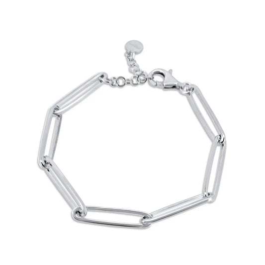 925 Sterling Silver Rhodium Plated Long 5.5mm Paperclip Adjustable Bracelet