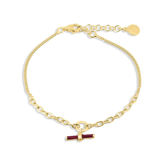 925 Sterling Silver Gold Plated Curb Link Red Enamel Bar Adjustable Bracelet