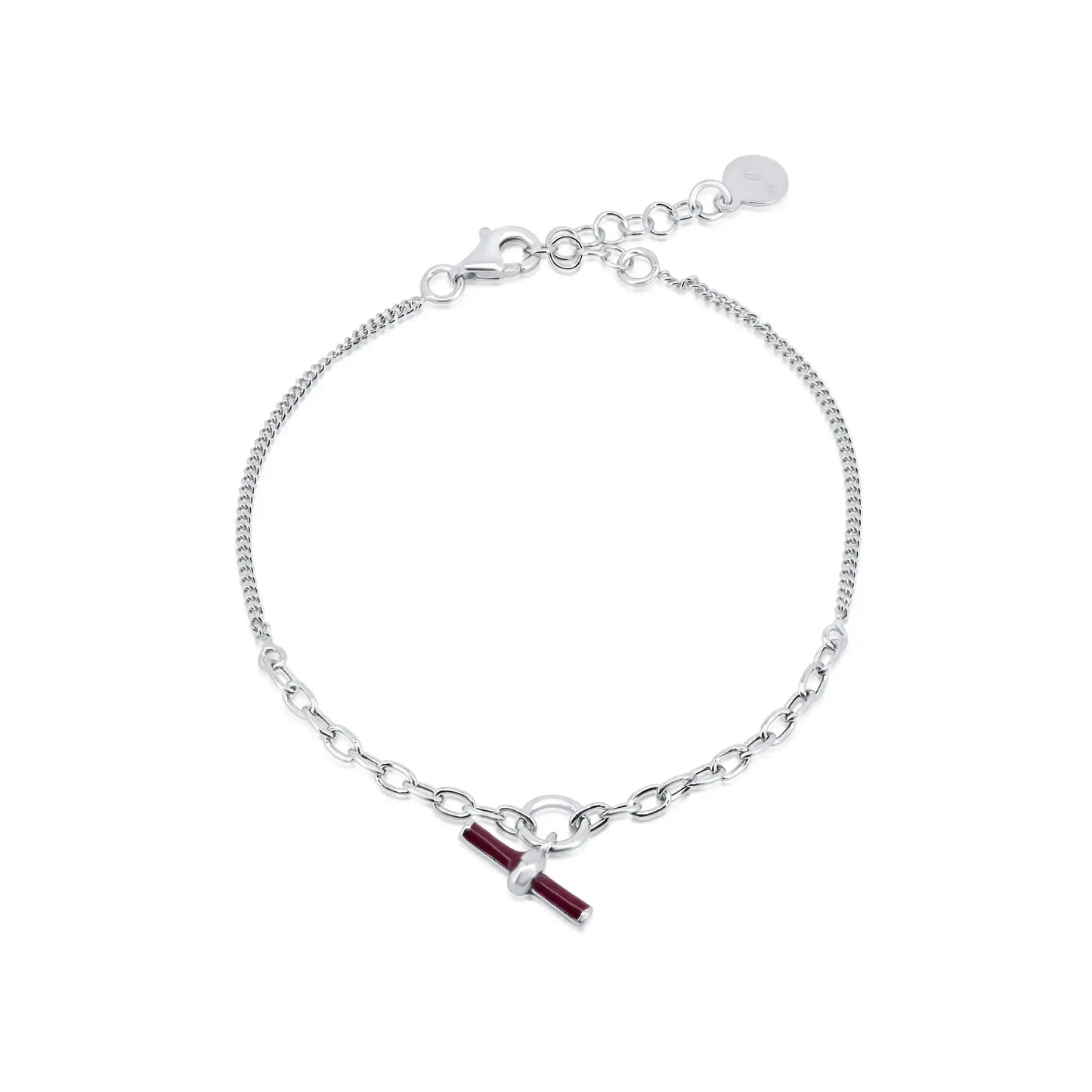925 Sterling Silver Rhodium Plated Curb Link Red Enamel Bar Adjustable Bracelet
