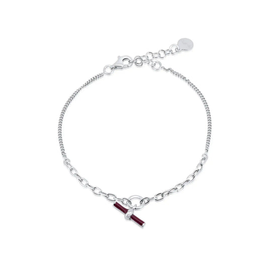 925 Sterling Silver Rhodium Plated Curb Link Red Enamel Bar Adjustable Bracelet