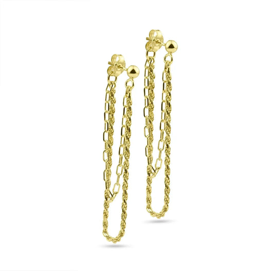 925 Sterling Silver Gold Plated Double Strand Rope and Paperclip Stud Earring