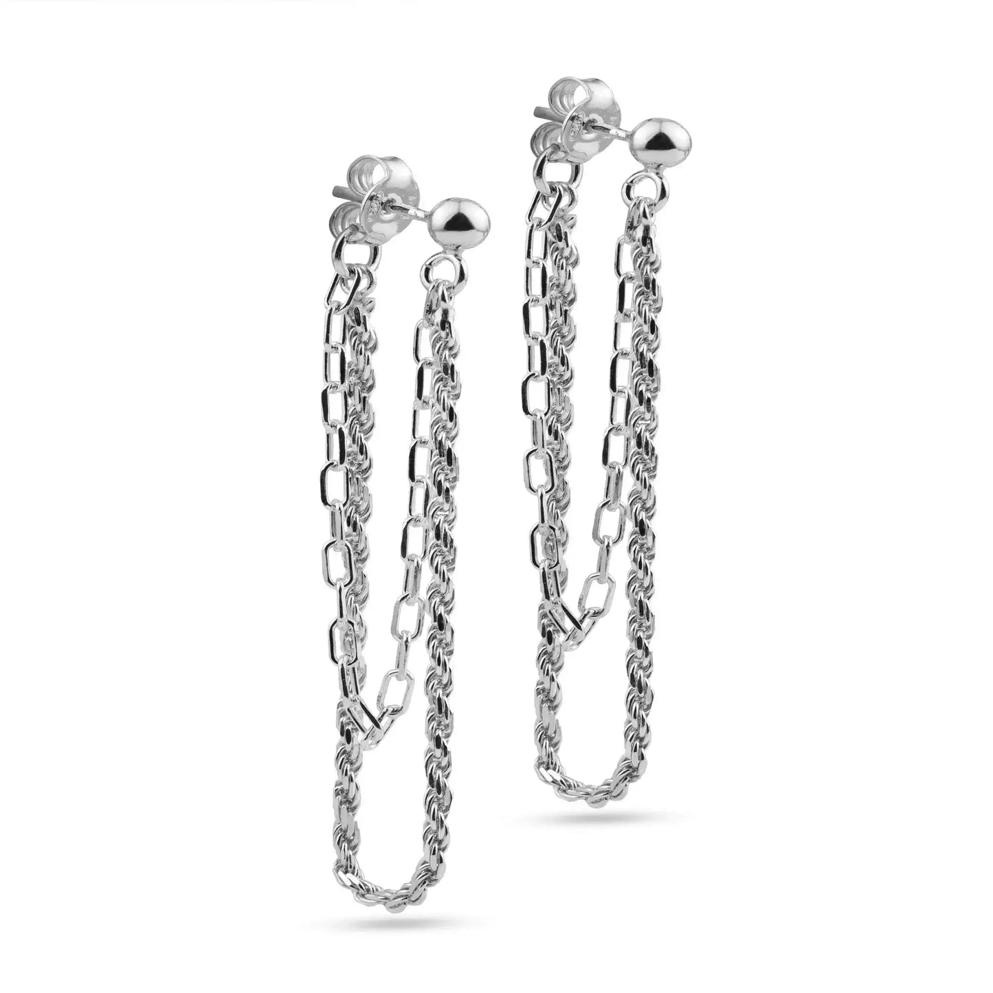 925 Sterling Silver Rhodium Plated Double Strand Rope and Paperclip Stud Earring