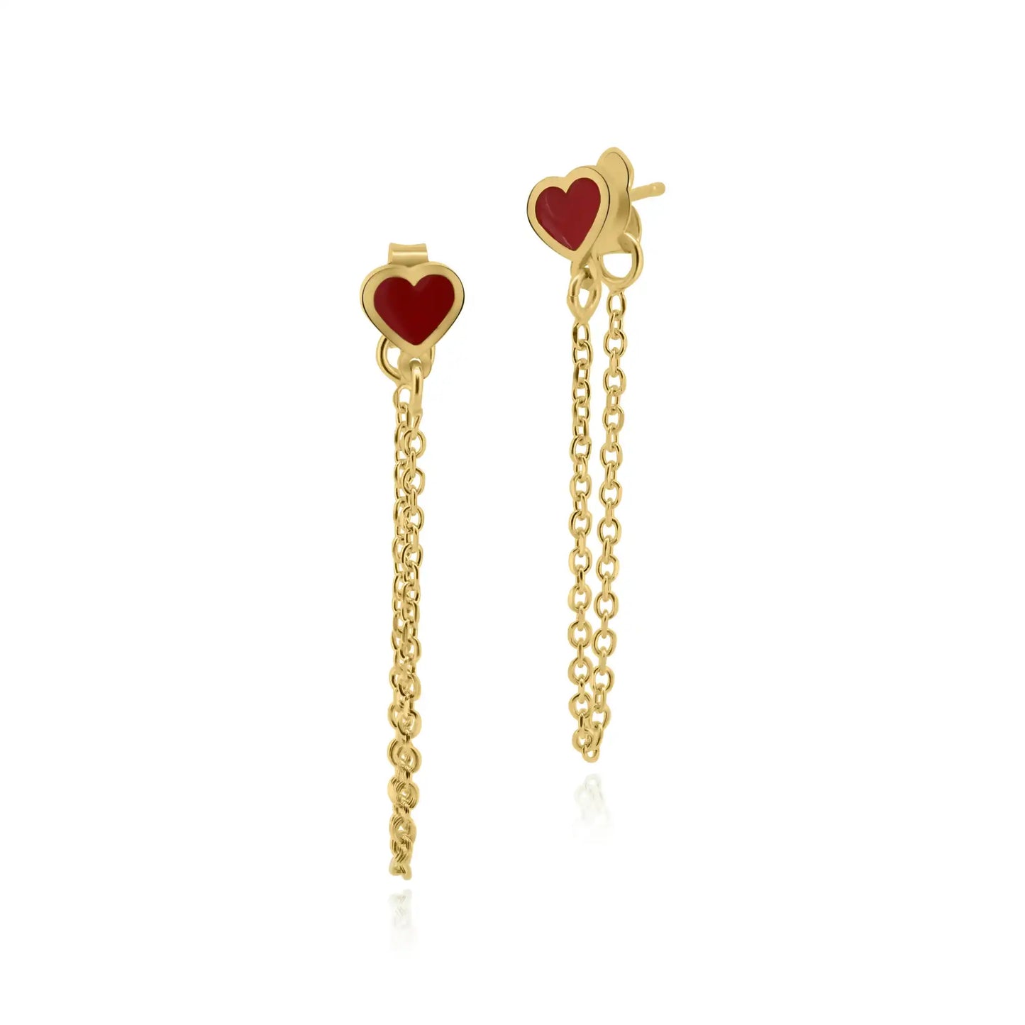 925 Sterling Silver Gold Plated Dangling Heart Red Enamel Stud Earrings