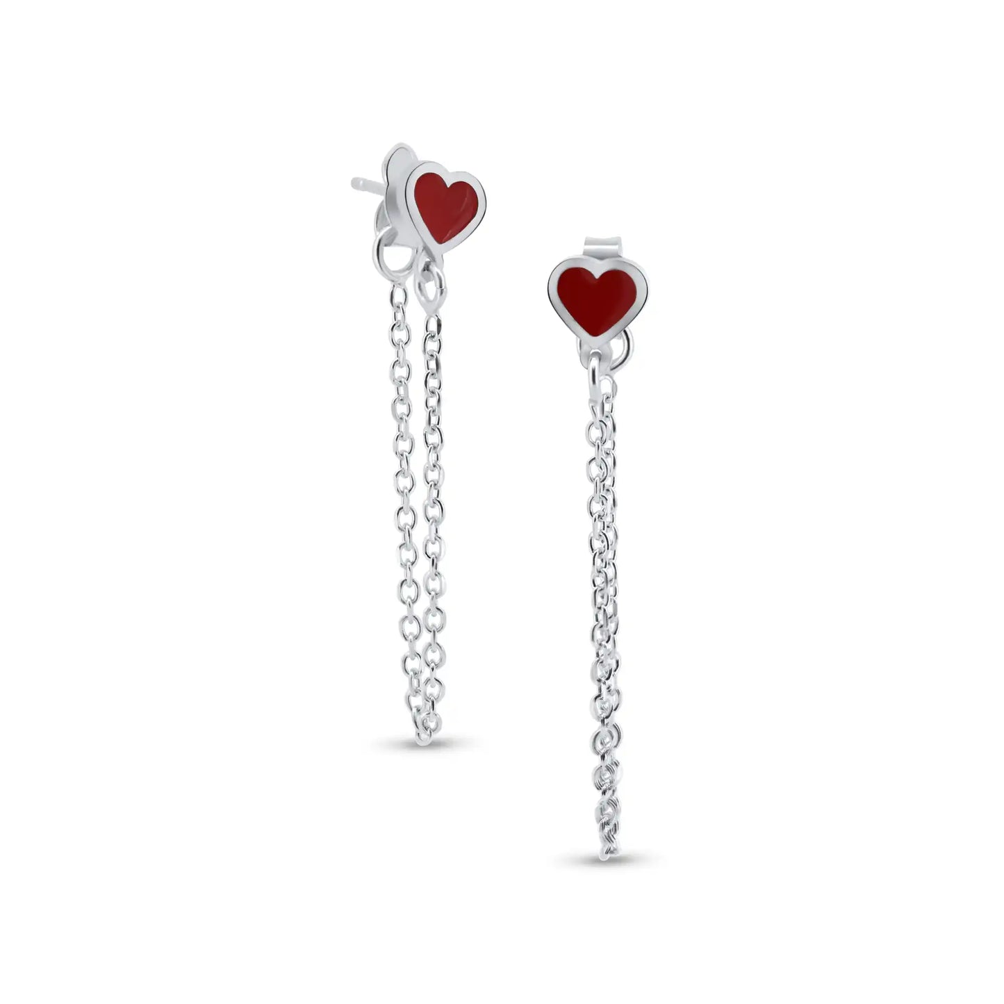 925 Sterling Silver Rhodium Plated Dangling Heart Red Enamel Stud Earrings