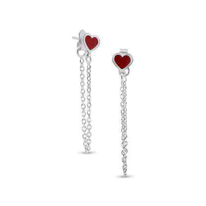 925 Sterling Silver Rhodium Plated Dangling Heart Red Enamel Stud Earrings