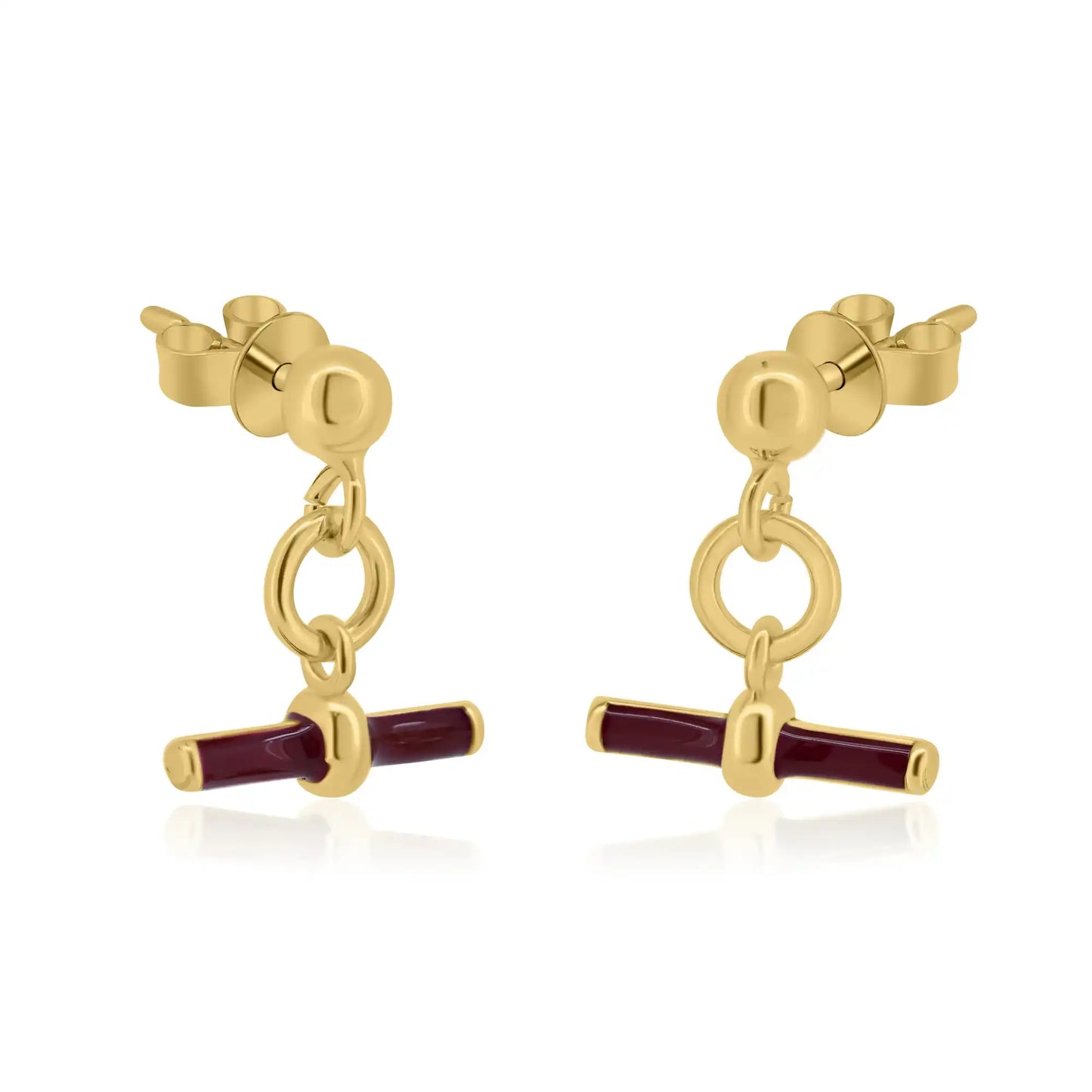 925 Sterling Silver Gold Plated Dangling Red Enamel Bar Stud Earrings