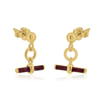 925 Sterling Silver Gold Plated Dangling Red Enamel Bar Stud Earrings