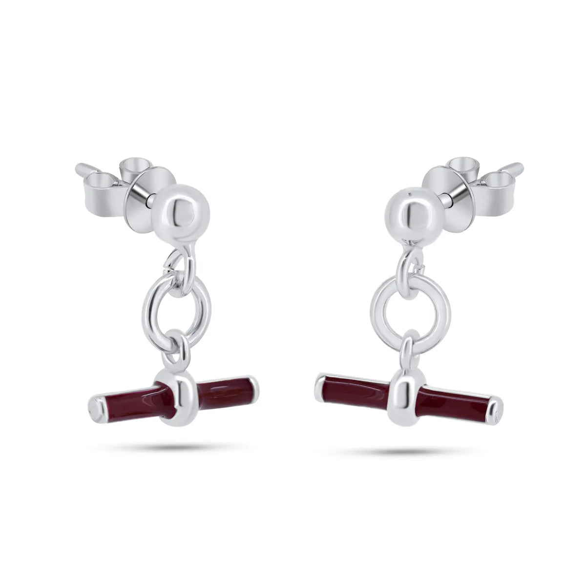 925 Sterling Silver Rhodium Plated Dangling Red Enamel Bar Stud Earrings