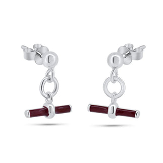925 Sterling Silver Rhodium Plated Dangling Red Enamel Bar Stud Earrings