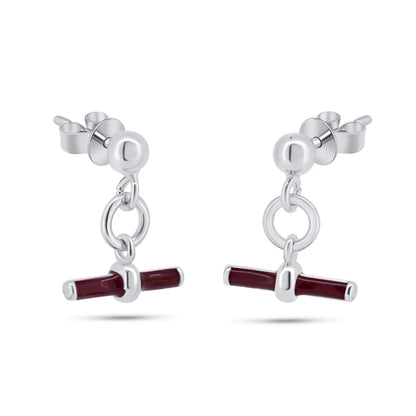 925 Sterling Silver Rhodium Plated Dangling Red Enamel Bar Stud Earrings
