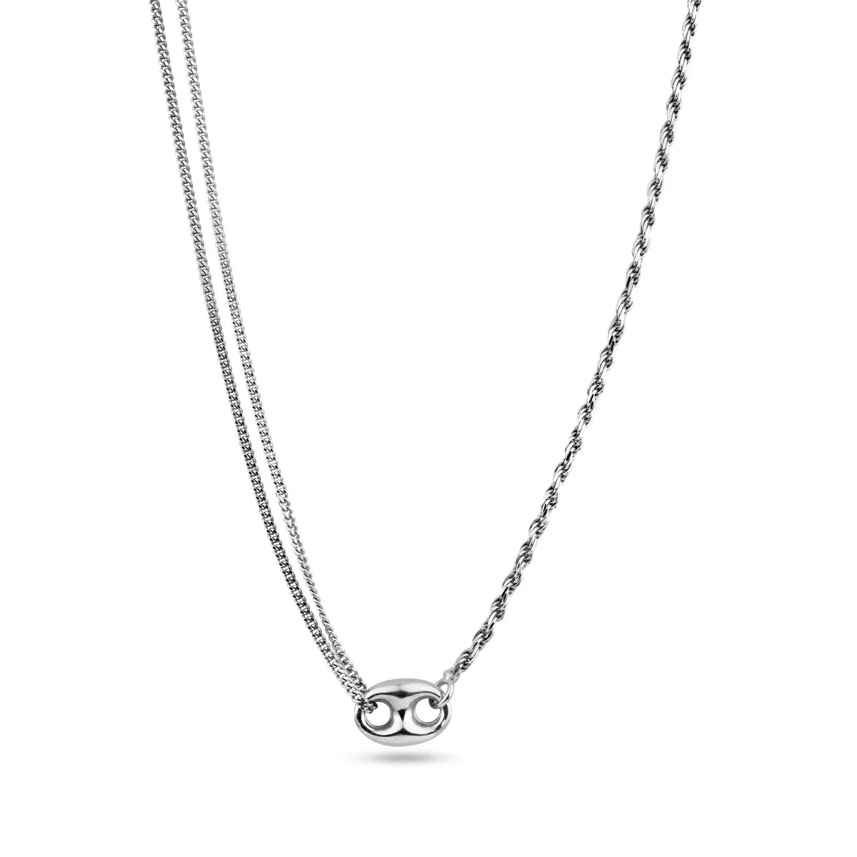 925 Sterling Silver Rhodium Plated Puffed Mariner Double Strand Curb and Rope Adjustable Link Necklace