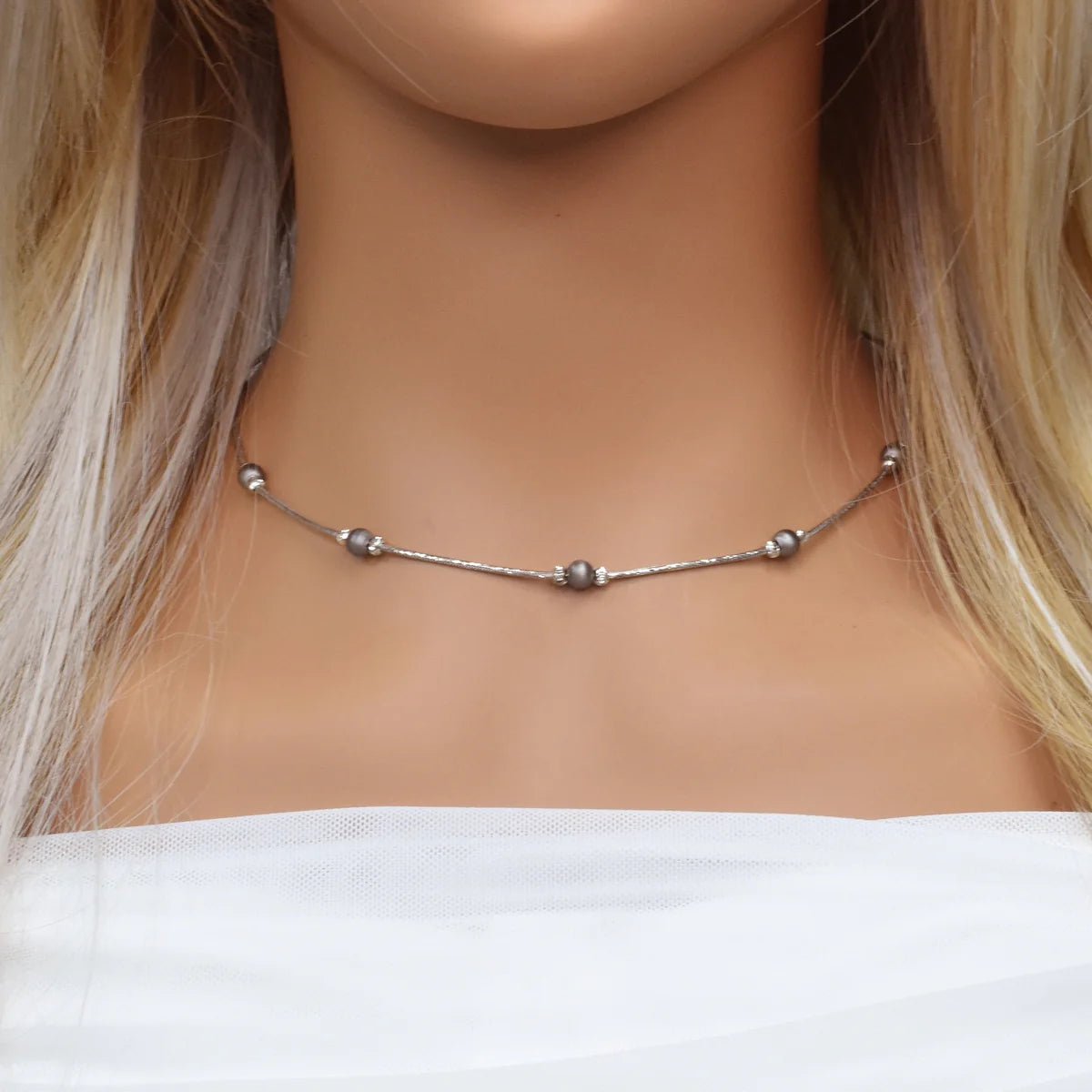 925 Sterling Silver Black & Rhodium Plated Italian Beaded Necklace