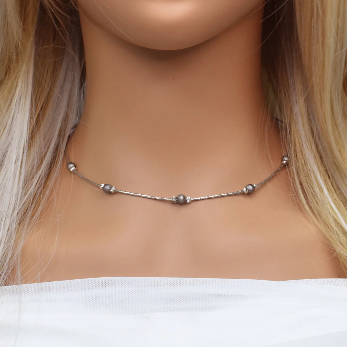 925 Sterling Silver Black & Rhodium Plated Italian Beaded Necklace