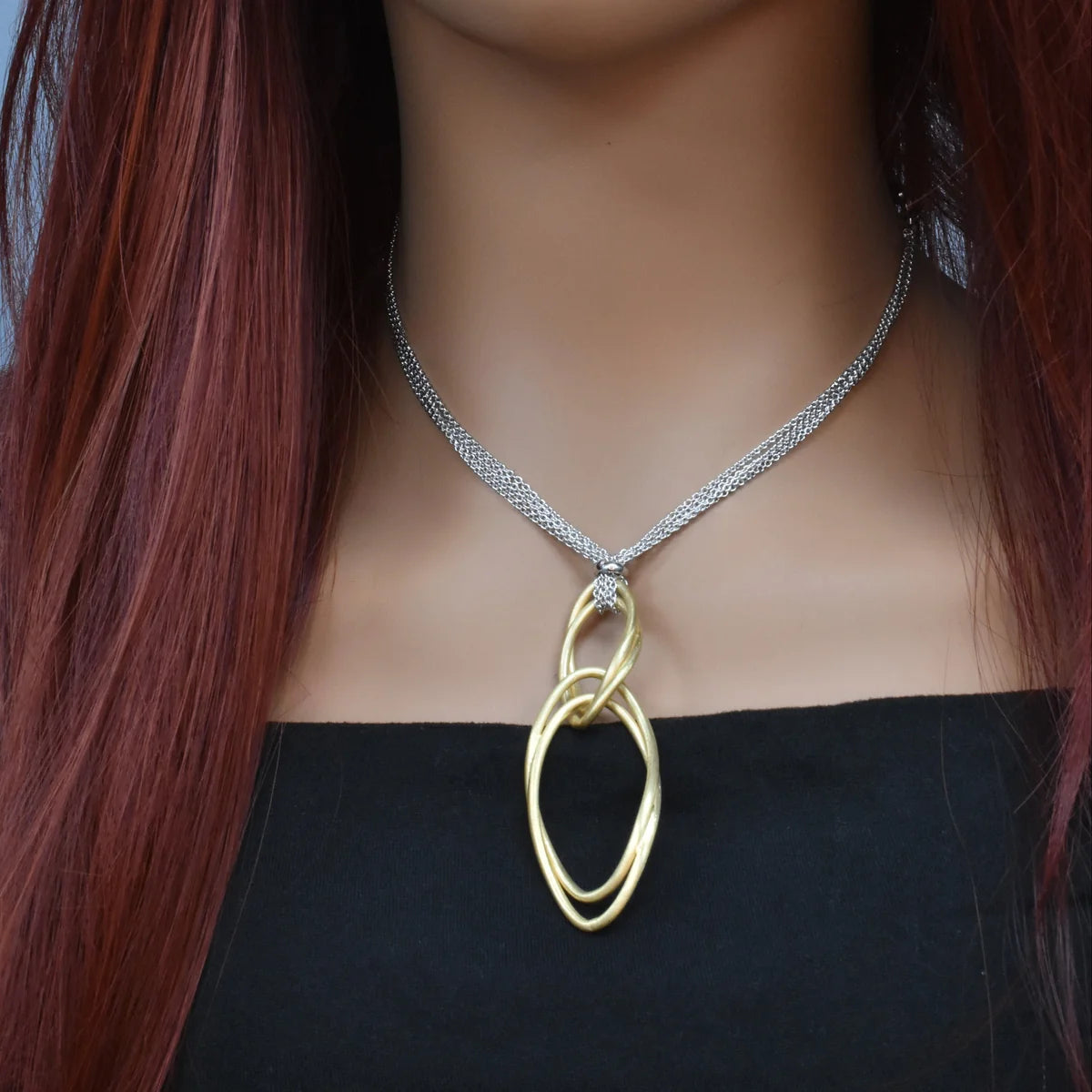 925 Sterling Silver Rhodium & Gold Plated Italian Twisted Oval Dangle Necklace