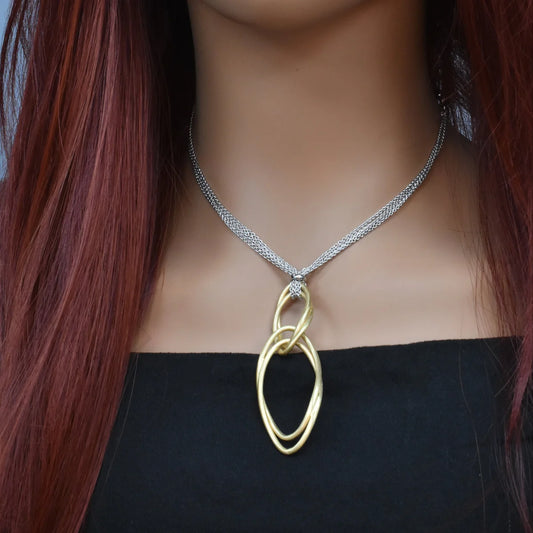 925 Sterling Silver Rhodium & Gold Plated Italian Twisted Oval Dangle Necklace