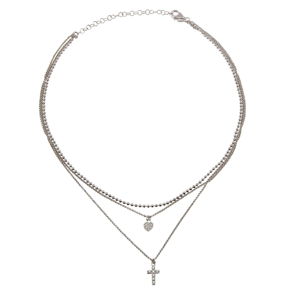 925 Sterling Silver Plated Triple Beaded Chain CZ Heart, Cross Necklace