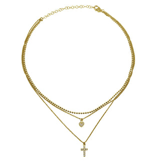 925 Sterling Silver Plated Triple Beaded Chain CZ Heart, Cross Necklace