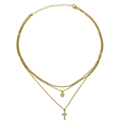 925 Sterling Silver Plated Triple Beaded Chain CZ Heart, Cross Necklace