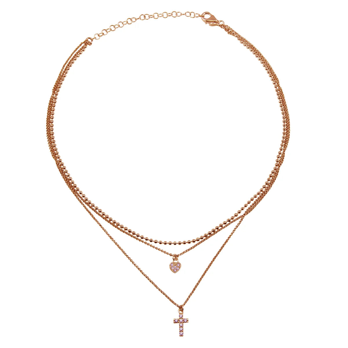 925 Sterling Silver Plated Triple Beaded Chain CZ Heart, Cross Necklace