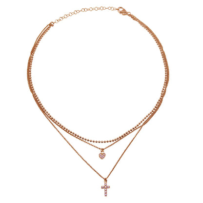 925 Sterling Silver Plated Triple Beaded Chain CZ Heart, Cross Necklace