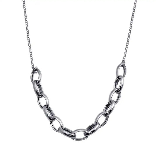 925 Sterling Silver Rhodium Plated Large Oval Link Center Necklace