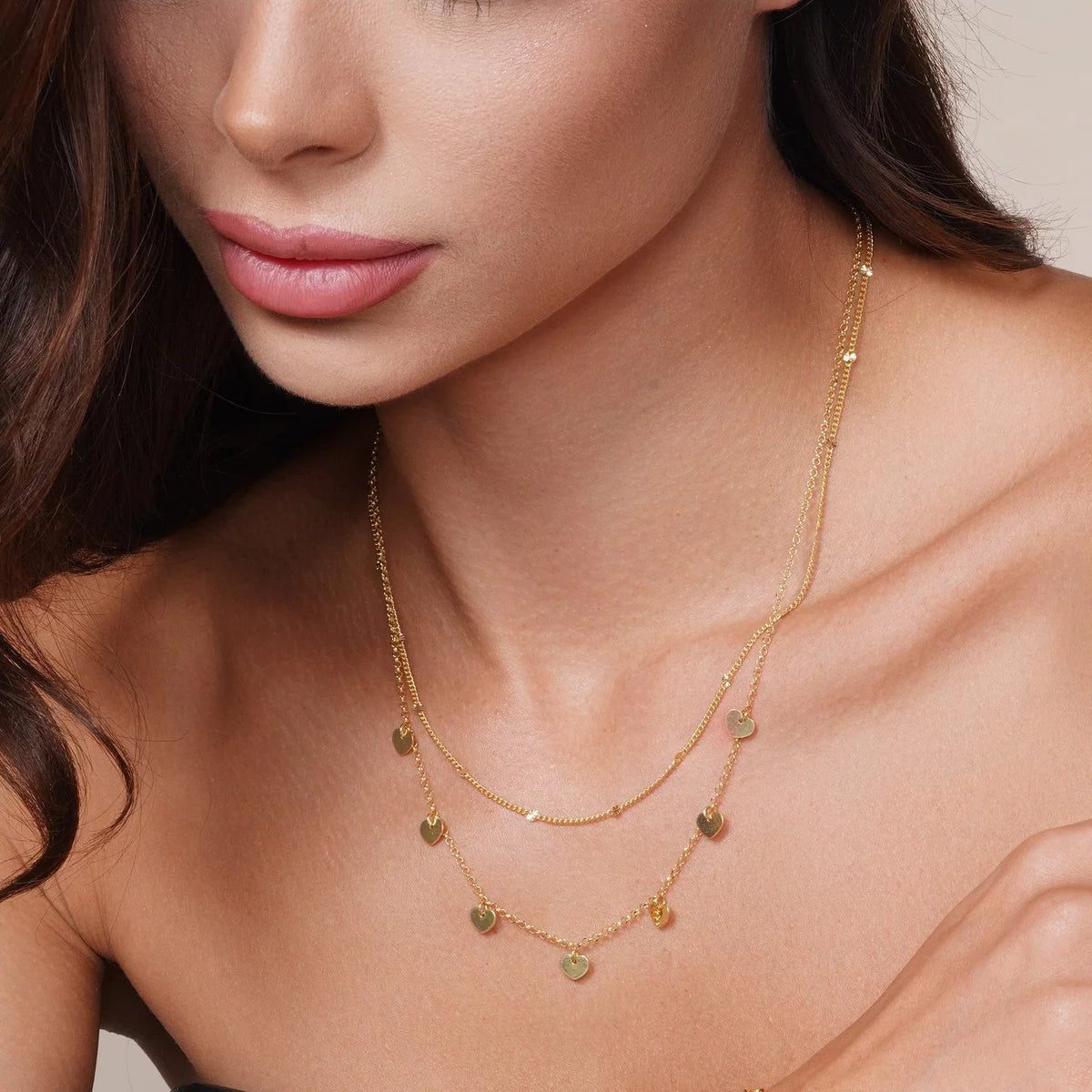 925 Sterling Silver Gold Plated Multi Chain Dangling Heart Charm Necklace