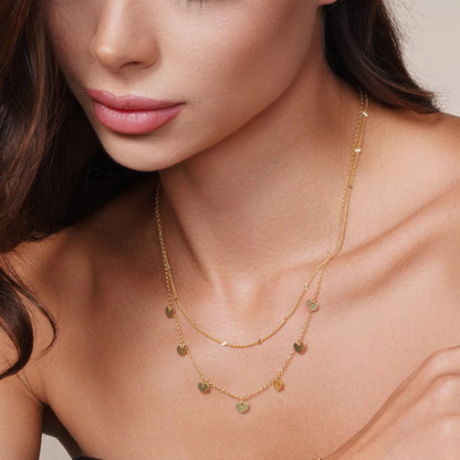 925 Sterling Silver Gold Plated Multi Chain Dangling Heart Charm Necklace