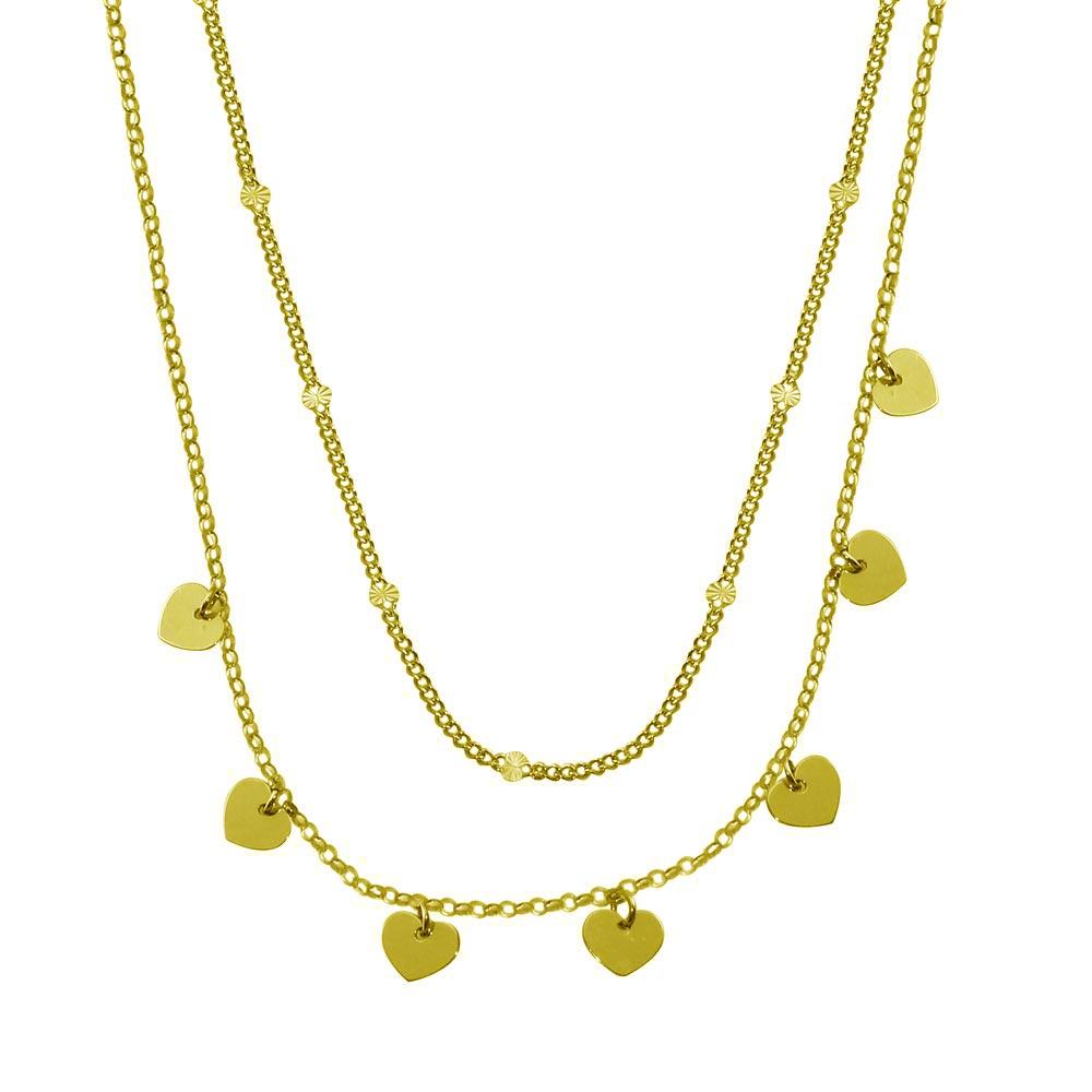 925 Sterling Silver Gold Plated Multi Chain Dangling Heart Charm Necklace