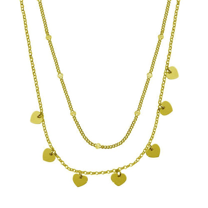 925 Sterling Silver Gold Plated Multi Chain Dangling Heart Charm Necklace