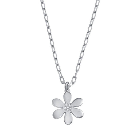 925 Sterling Silver Rhodium Plated Paperclip Chain Flower CZ Necklace