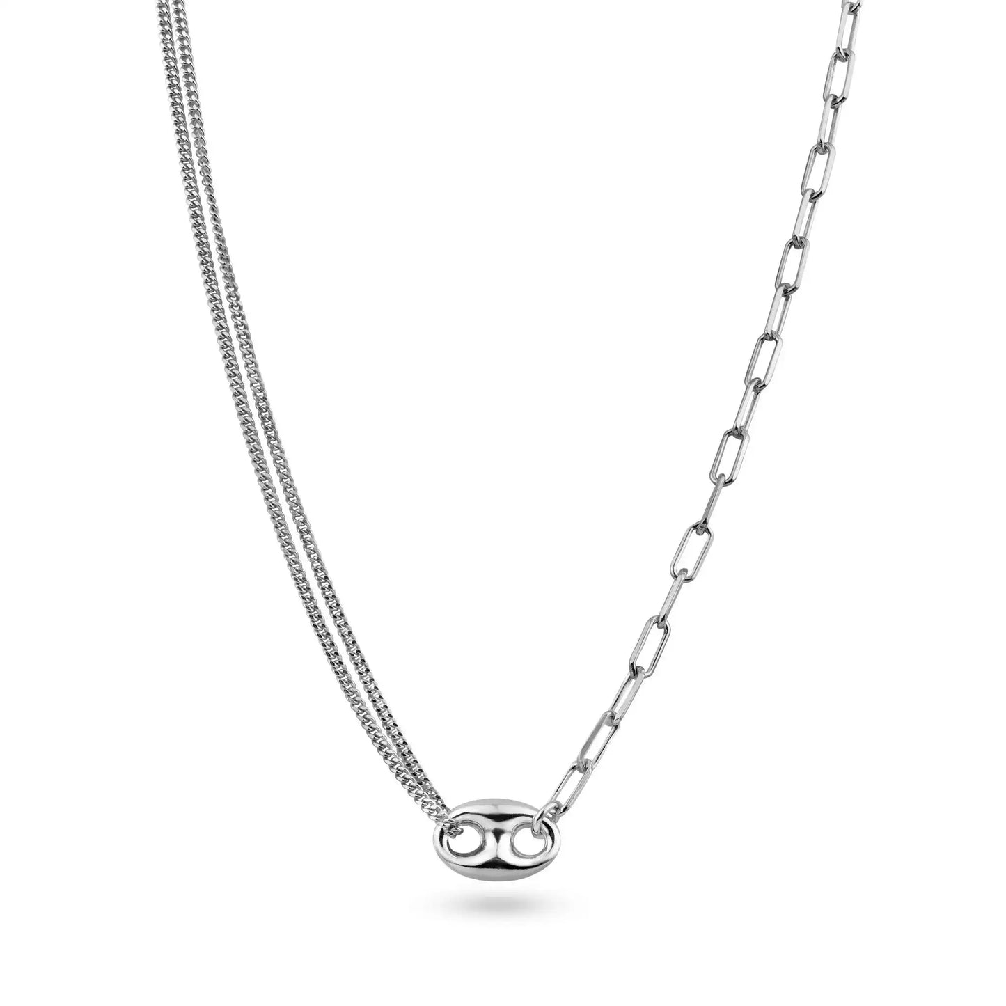 925 Sterling Silver Rhodium Plated Puffed Mariner Double Strand Curb and Single Paperclip Adjustable Link Necklace