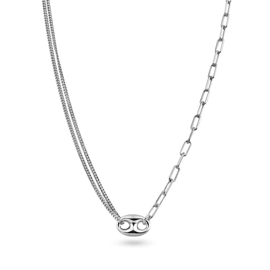 925 Sterling Silver Rhodium Plated Puffed Mariner Double Strand Curb and Single Paperclip Adjustable Link Necklace