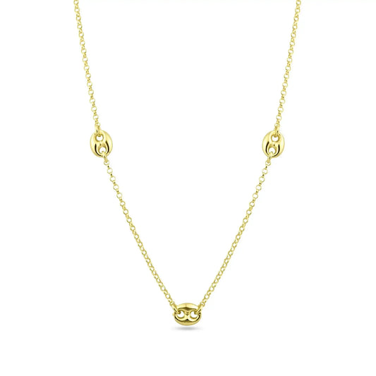 925 Sterling Silver Gold Plated 3 Puffed Mariner Adjustable Link Necklace