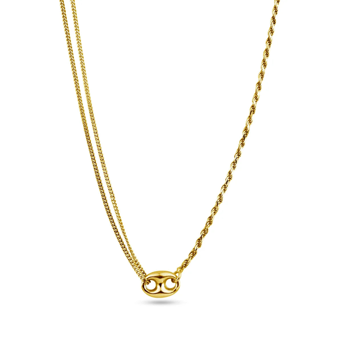 925 Sterling Silver Gold Plated Puffed Mariner Double Strand Curb and Rope Adjustable Link Necklace