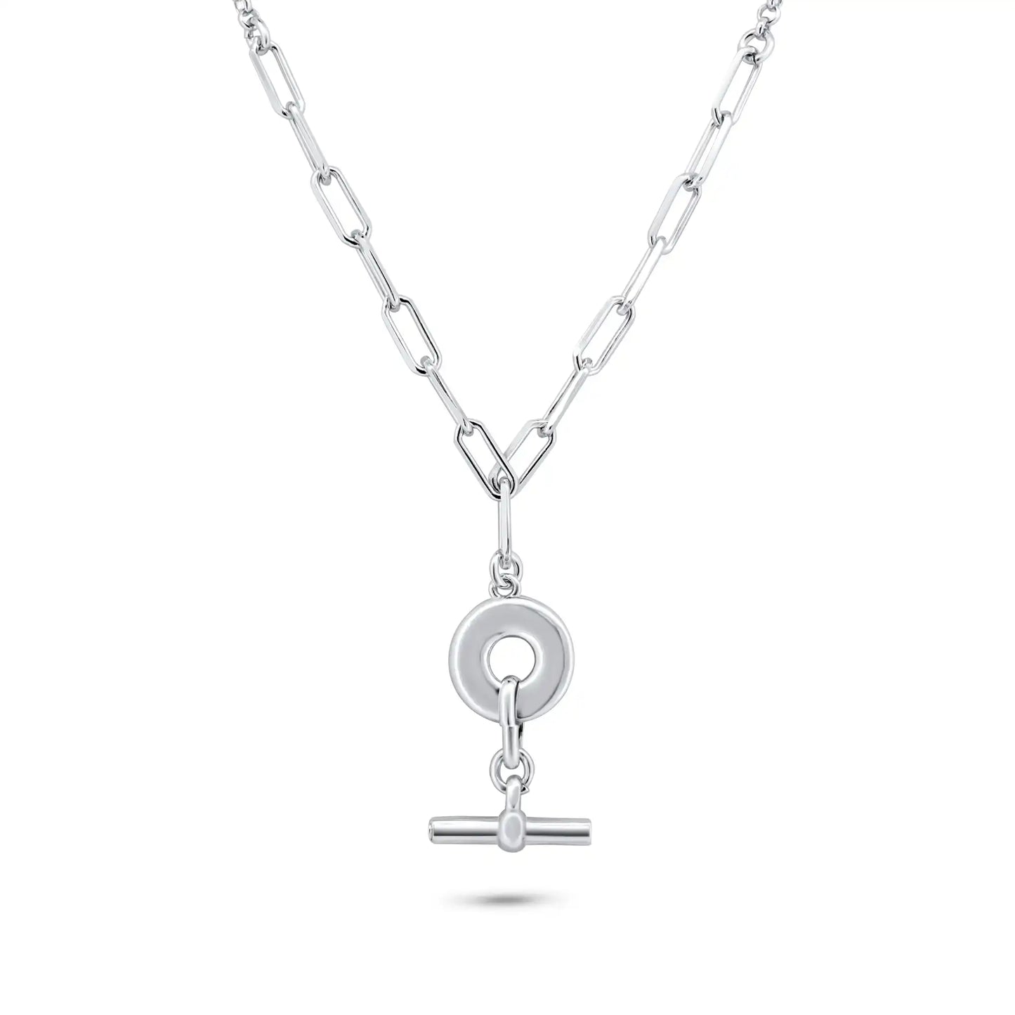 925 Sterling Silver Rhodium Plated Paperclip Rolo Adjustable Donut and Bar Necklace