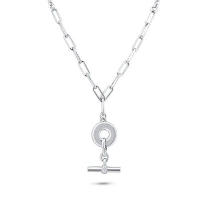 925 Sterling Silver Rhodium Plated Paperclip Rolo Adjustable Donut and Bar Necklace