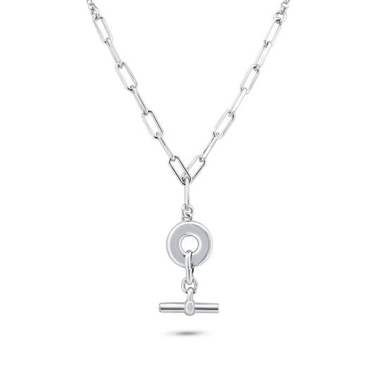 925 Sterling Silver Rhodium Plated Paperclip Rolo Adjustable Donut and Bar Necklace