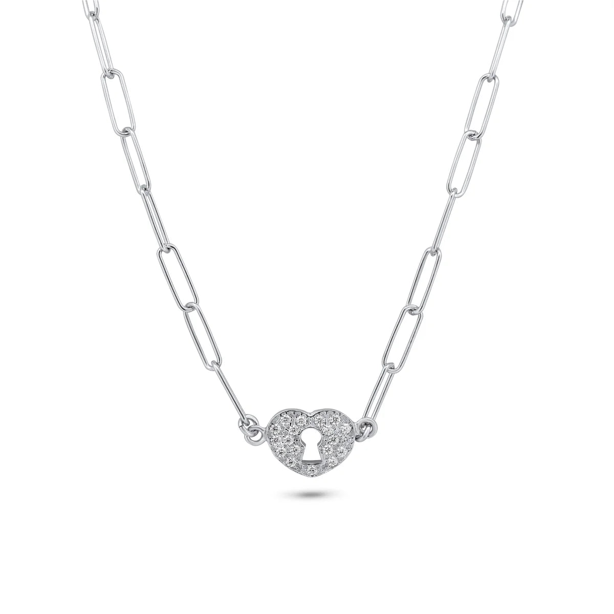 925 Sterling Silver Rhodium Plated Paperclip Adjustable Clear CZ Heart Lock Necklace