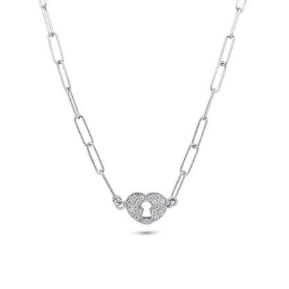 925 Sterling Silver Rhodium Plated Paperclip Adjustable Clear CZ Heart Lock Necklace