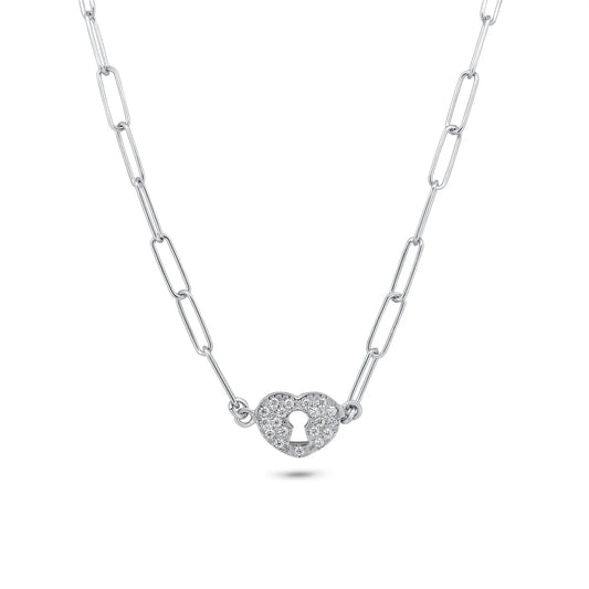 925 Sterling Silver Rhodium Plated Paperclip Adjustable Clear CZ Heart Lock Necklace