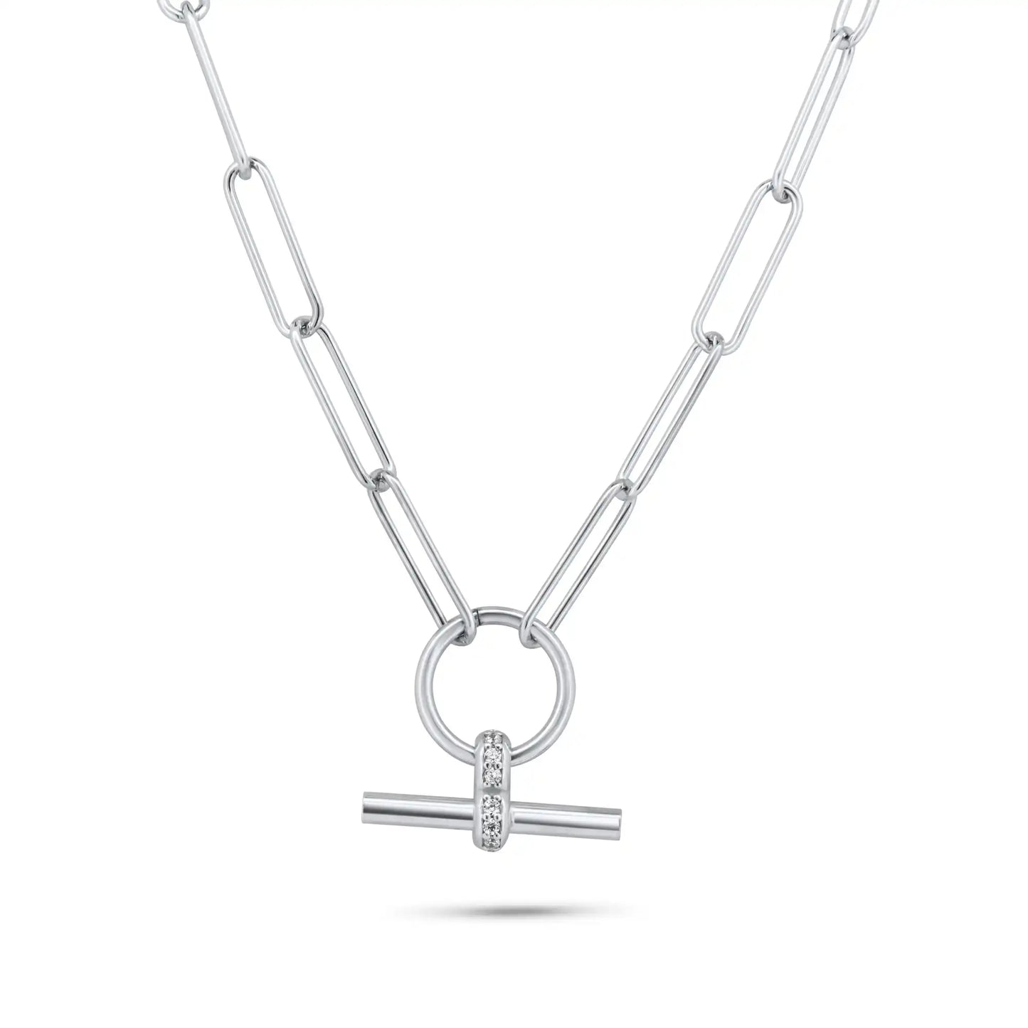 925 Sterling Silver Rhodium Plated Paperclip Adjustable Clear CZ Toggle Charm Bar Necklace