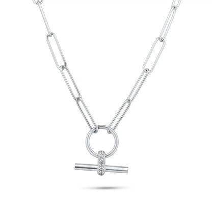 925 Sterling Silver Rhodium Plated Paperclip Adjustable Clear CZ Toggle Charm Bar Necklace