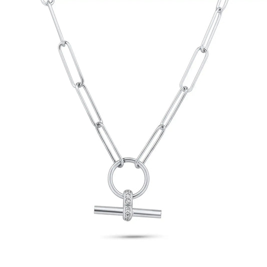 925 Sterling Silver Rhodium Plated Paperclip Adjustable Clear CZ Toggle Charm Bar Necklace