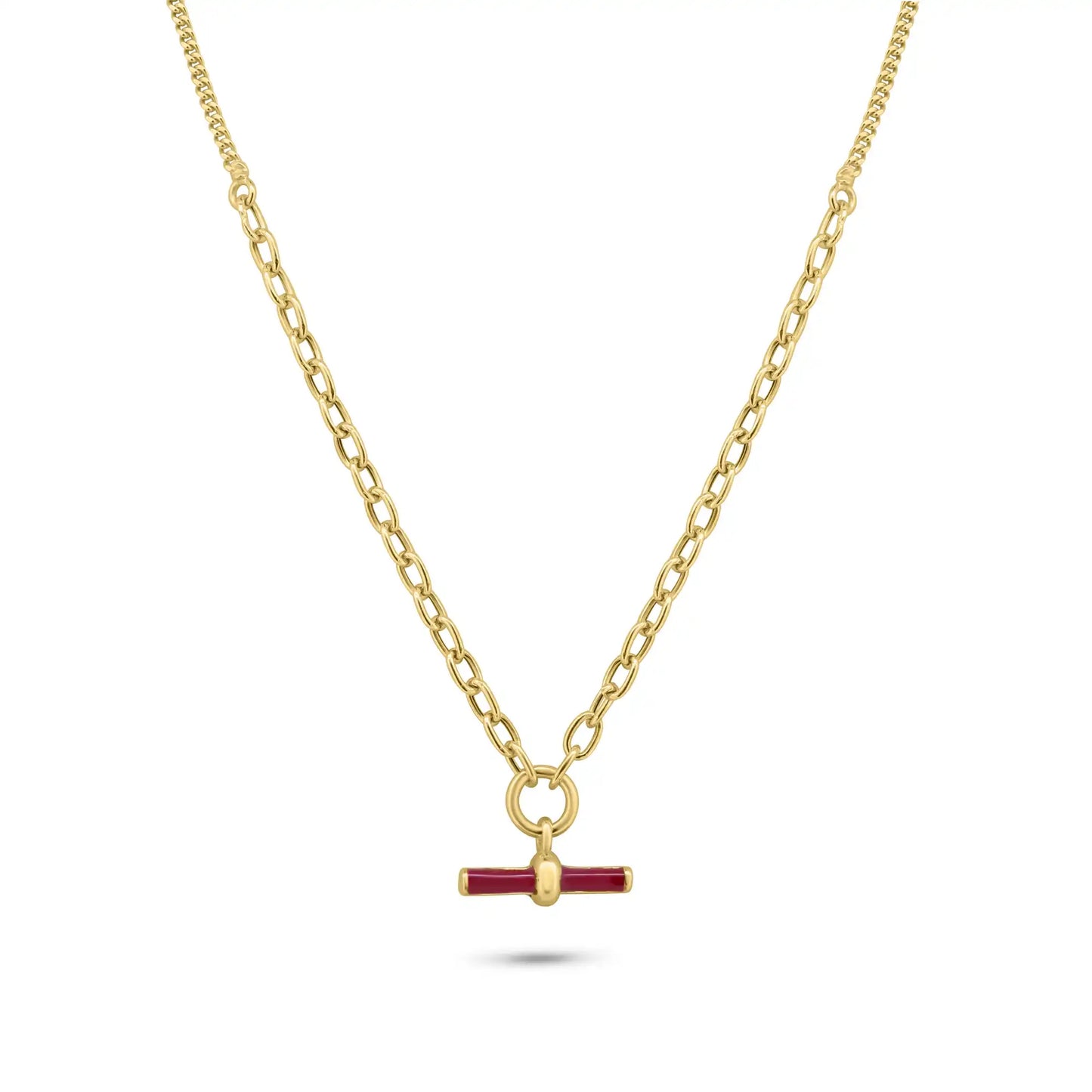 925 Sterling Silver Gold Plated Curb Rolo Adjustable Enamel Red Bar Necklace