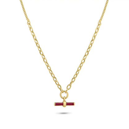 925 Sterling Silver Gold Plated Curb Rolo Adjustable Enamel Red Bar Necklace